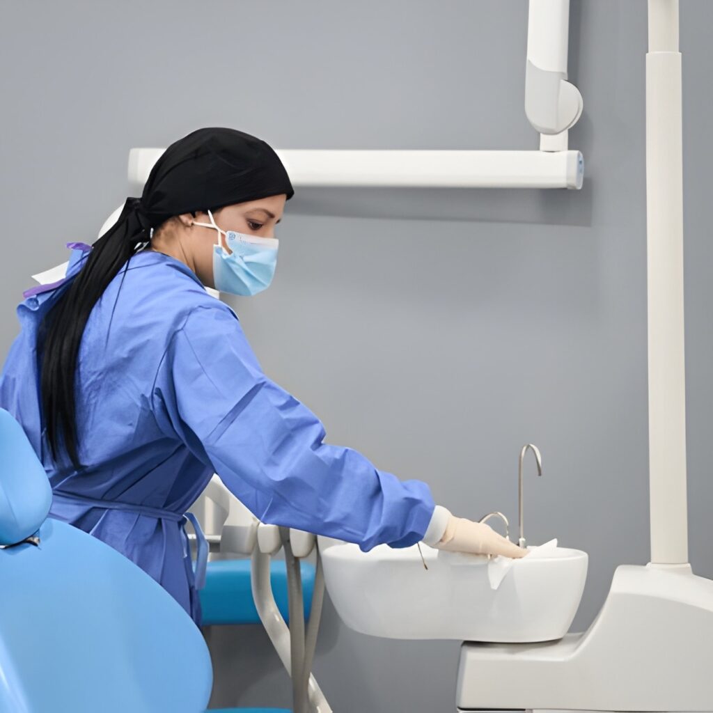 A dental worker cleans a sink in a clinic